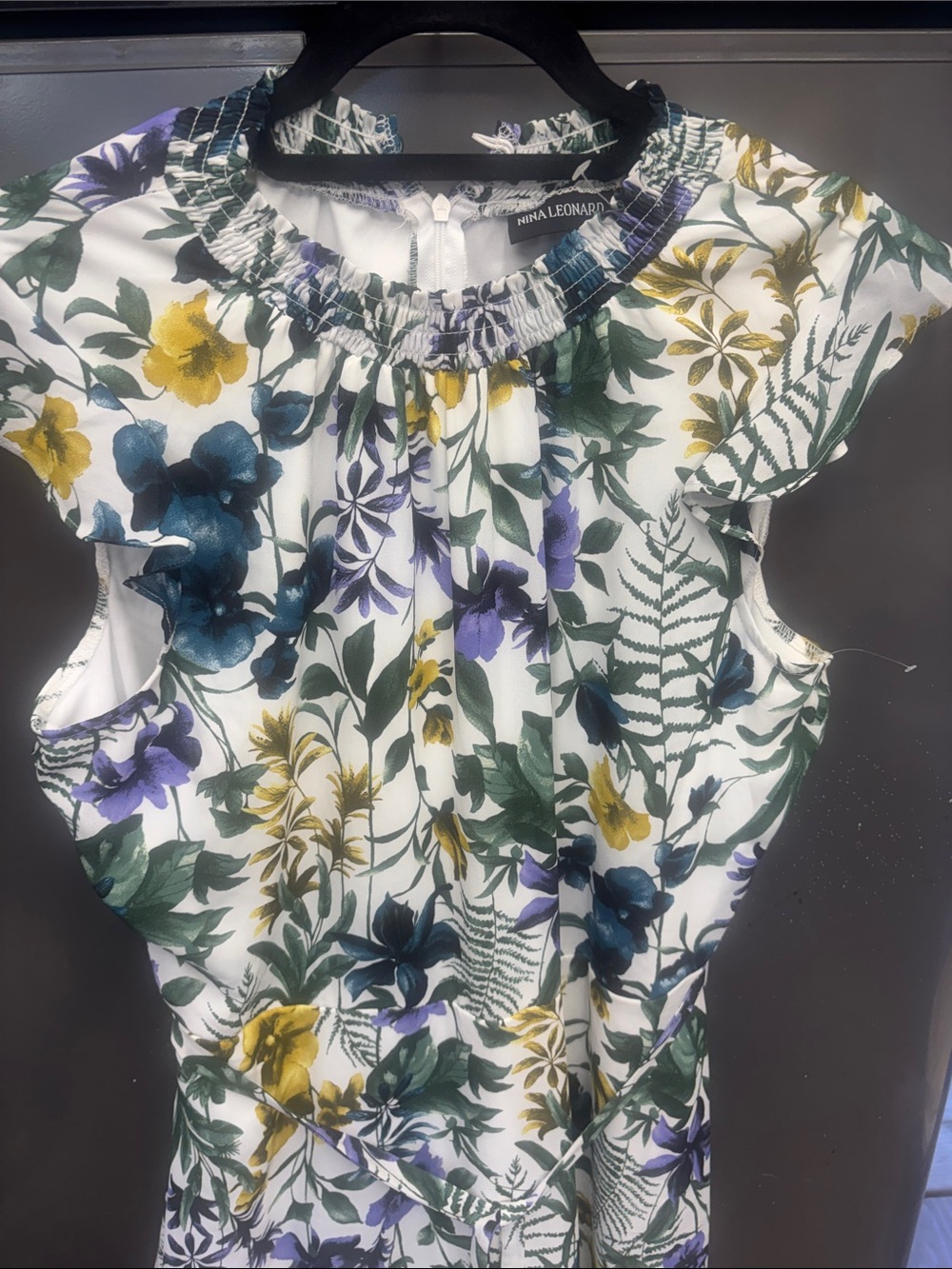 Nina Leonard White Floral Ruffle-Neck Sleeveless  Dress